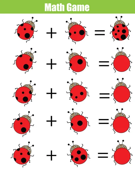 Matematica gioco di conteggio educativo per bambini, foglio di lavoro aggiunta. Calcola i punti della coccinella — Vettoriale Stock