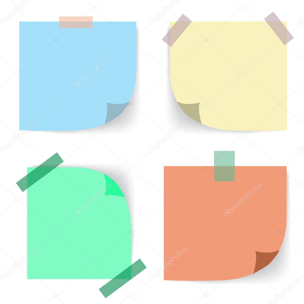 Realistic sticky notes sheets with curved corner. Paper reminders hanging with adhesive. Vector mock up, blank template