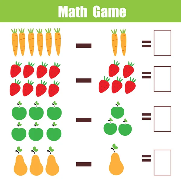 Matemáticas juego educativo para niños, resta hoja de cálculo matemática — Vector de stock