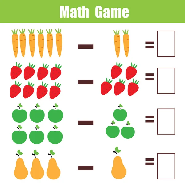 Gioco educativo di matematica per bambini, foglio di lavoro di matematica di sottrazione — Vettoriale Stock