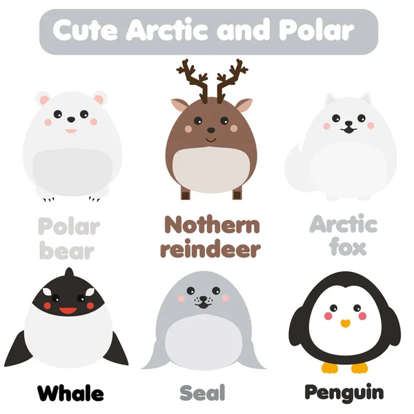 Cute kawaii arctic and polar animals. Children style, isolated design elements, vector. Seal, whale, penguin — Stock Vector