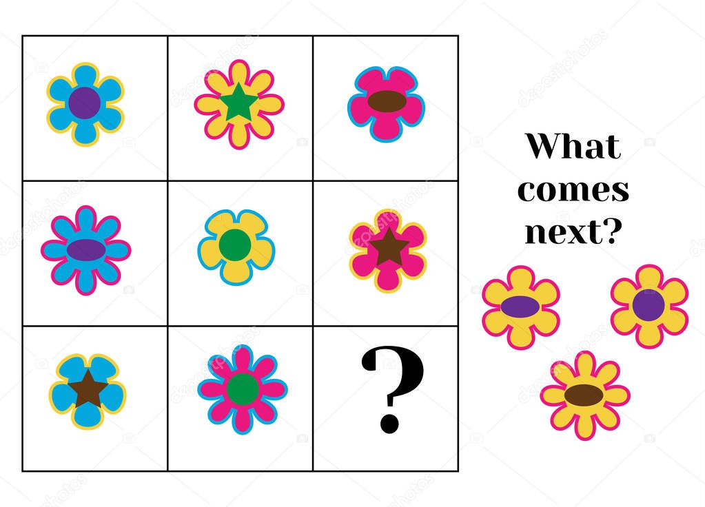 What comes next educational children game. Kids activity sheet, training logic, continue the row task