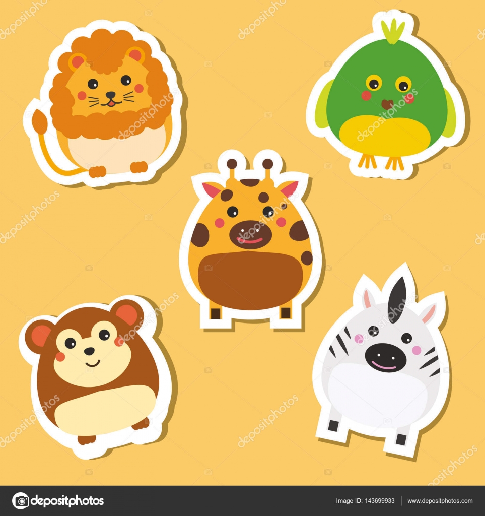 Cute african wild animals. Stickers set. Vector illustration. Lion