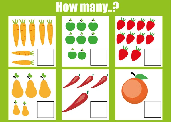 Contando jogo de crianças educativas, planilha de atividades de crianças. Quantos objetos tarefa —  Vetores de Stock
