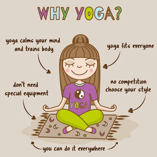 Meisje doet yoga. Vrouw in halve lotus houding zitten. Yoga voordelen infographic. Hand getekende vectorillustratie — Stockvector