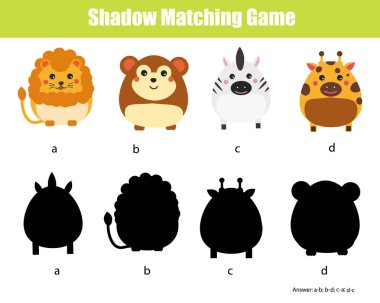 Gölge eşleme oyunu. Hayvanlar karakterlerle eğitici çocuk oyunu