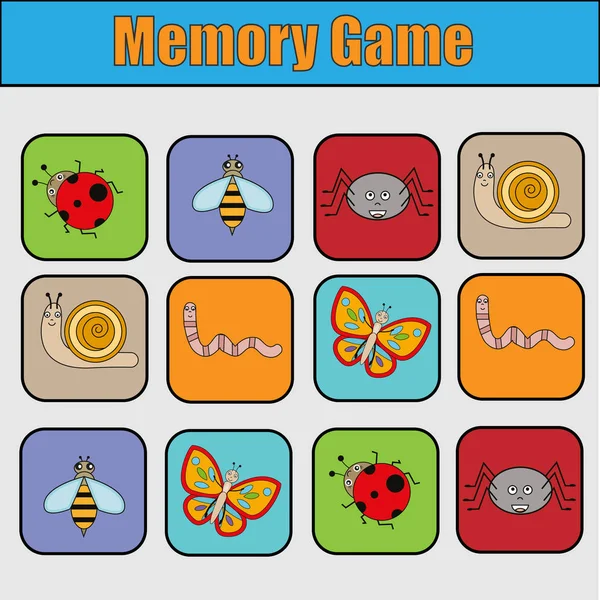 Pädagogisches Kinderspiel, Kinderaktivität. Memory-Spiel mit Insekten — Stockvektor