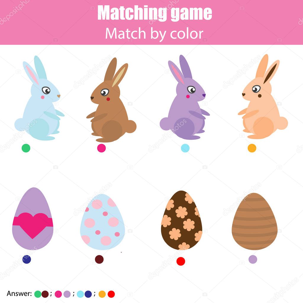 Matching children education game, kids activity. Easter hunting theme. Match by color. Connect bunny with eggs