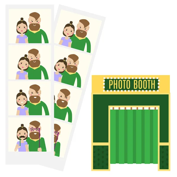 Moderna unga paret tar selfie foto i photo booth. Platt och photo booth-symbolen. Hipster man och kvinna familjen ha roligt och få romantiska minnen. — Stock vektor