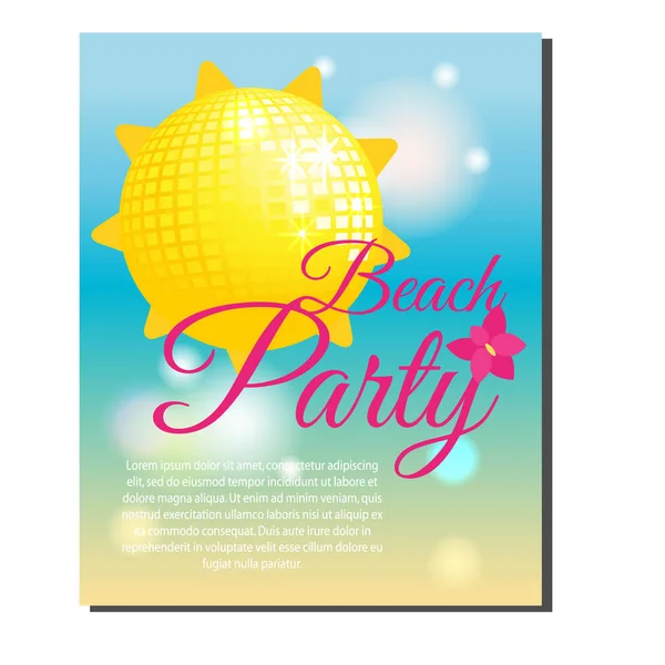 Летний пляжный баннер с желтым сияющим шаром для дискотеки. Векторная иллюстрация. Дизайн шаблона для приглашений, подарочный сертификат, праздничные мероприятия — стоковый вектор