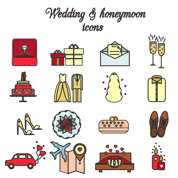 Äktenskap, förlovning, bröllop, smekmånad vector ikoner set — Stock vektor