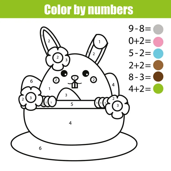 Malseite mit Osterhasen-Charakter. Farbe nach Zahlen Mathematik pädagogisches Kinderspiel, Zeichnung Kinder Aktivität. Hase im Korb mit Eiern — Stockvektor