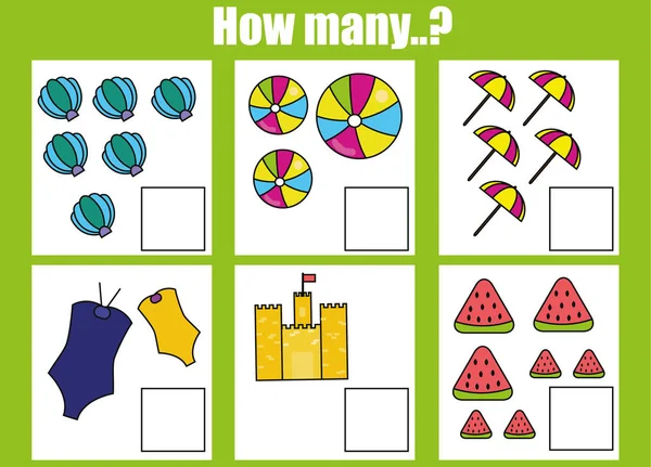 Contando jogo de crianças educativas, planilha de atividades de crianças. Quantos objetos tarefa —  Vetores de Stock