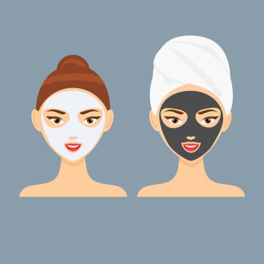 Genç kadın kozmetik kil ve kömür yüz maskesi vektör çizim ile