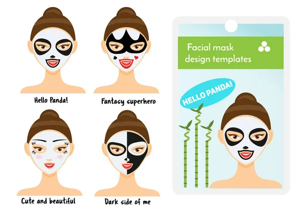 Woman facial sheet masks design templates. Package sample with cute girl with facial panda mask — Stock Vector
