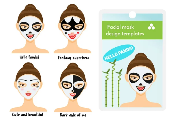 Mujer mascarillas faciales plantillas de diseño. Muestra del paquete con linda chica con máscara de panda facial — Vector de stock