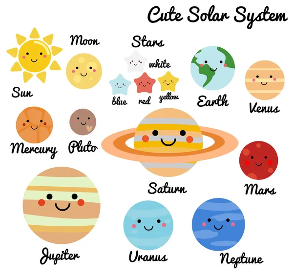 Şirin gökada, uzay, güneş sistemi elemanları. Kawaii ay, güneş ve gezegenlerin çocuklar için illüstrasyon vektör. Çocuklar için izole tasarım öğeleri. Etiketler, etiket, simgeler, çocuklar için Infographics