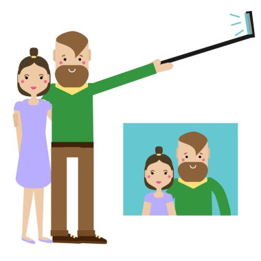 Modern genç çift selfie fotoğraf çekiyorum. Hippi erkek ve kadın aile eğlenceli ve get romantik anıları.