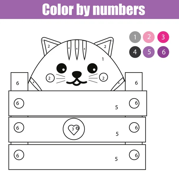Malseite mit niedlichem Katzencharakter. Farbe nach Zahlen pädagogisches Kinderspiel, Zeichnen Kinderaktivität. — Stockvektor