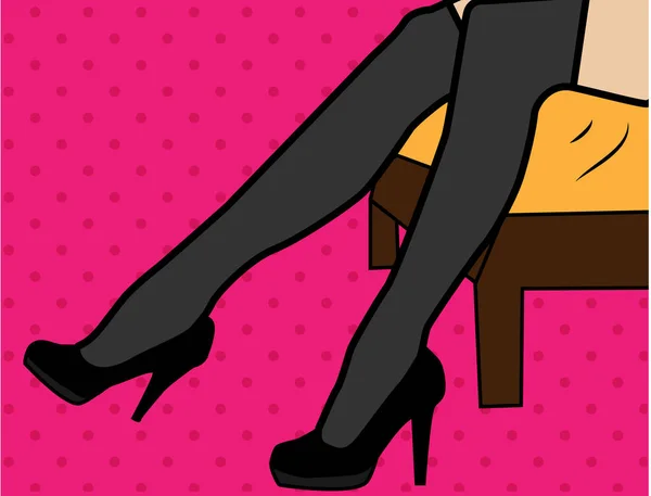 Сексуальные женские ноги на высоких каблуках туфли и черные чулки. Эротическая иллюстрация в стиле поп-арт — стоковый вектор