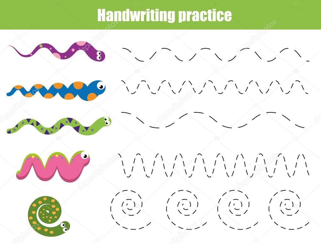Handwriting practice sheet. Educational children game, printable worksheet for kids with wavy lines and snakes