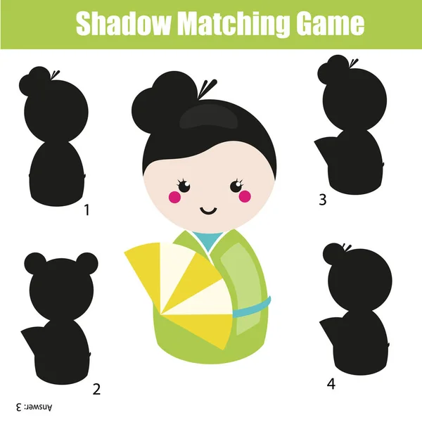 Schaduw matching game. Educatief kinderen spel met Japanse kokeshi pop — Stockvector