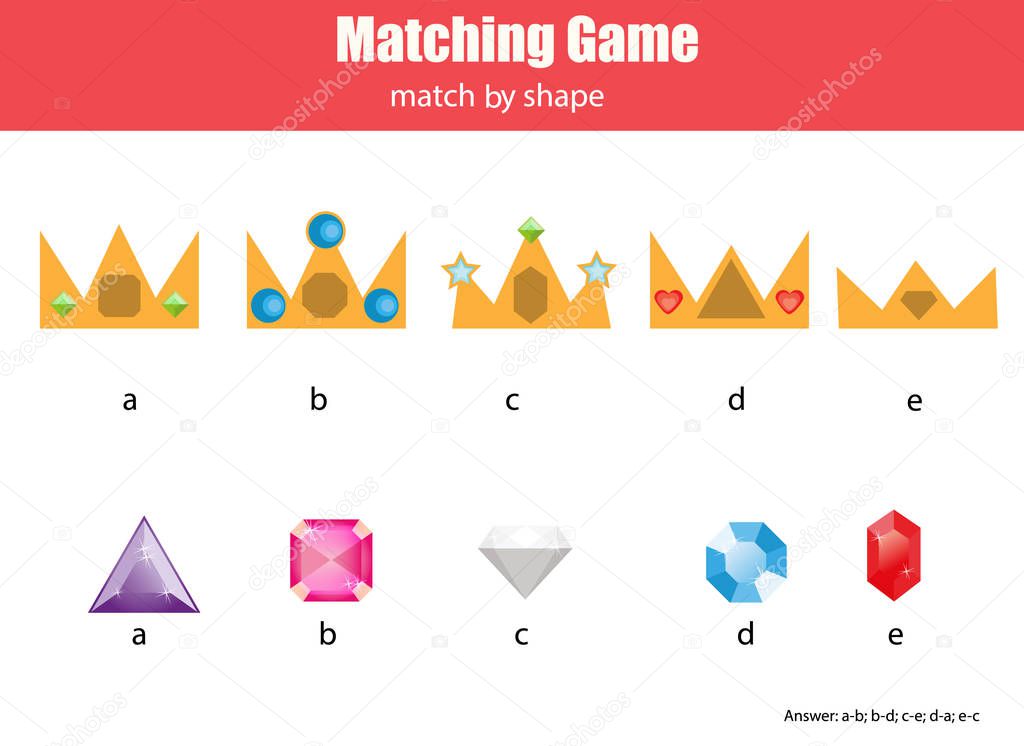 Matching children educational game. Match crowns and diamonds, learning geometric shapes kids activity