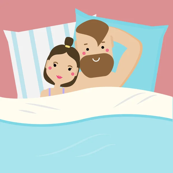Glada unga par i sängen i kärlek. Hipster man och kvinna familj tar en lat resten. Romantiska relationer, smekmånad — Stock vektor