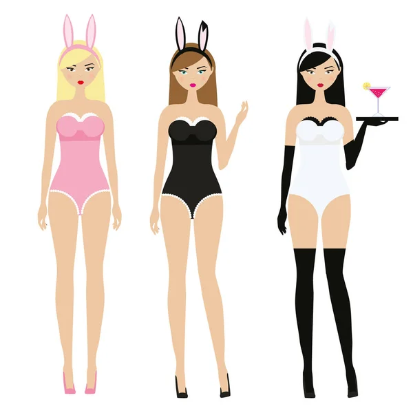 Mujeres sexy en trajes de orejas de conejo erótico. Juegos de rol para adultos, ropa. Mujer en traje de conejo de moda. Fiesta, mascarada, club nocturno — Vector de stock