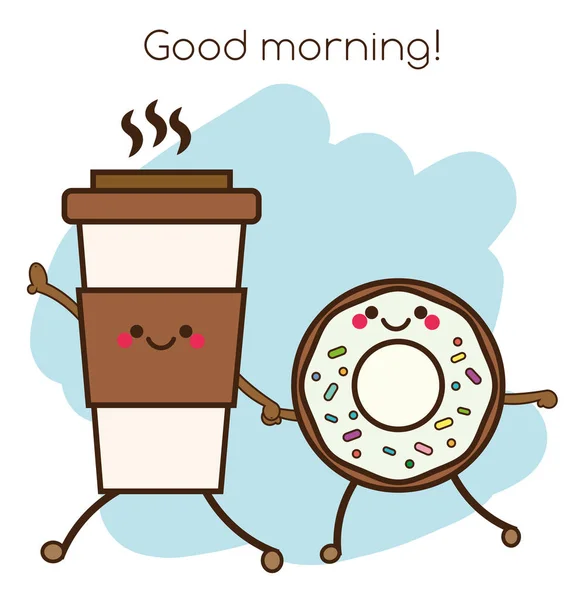 Coffee cup and donut holding hands. Cute kawaii smiling and friendly characters. good morning concept illustration Royalty Free Stock Illustrations