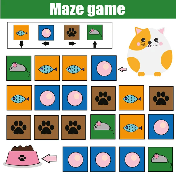 Maze game, animals theme. Kids activity sheet. Logic labyrinth with code navigation. help cat find food — Stock Vector