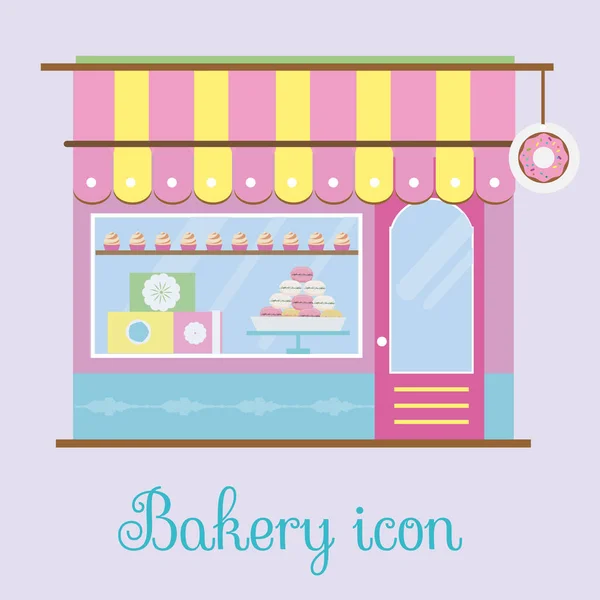 Bakery facade view. Bakehouse icon. Pastry store, patisserie, candy shop. Vector illustration — Stock Vector