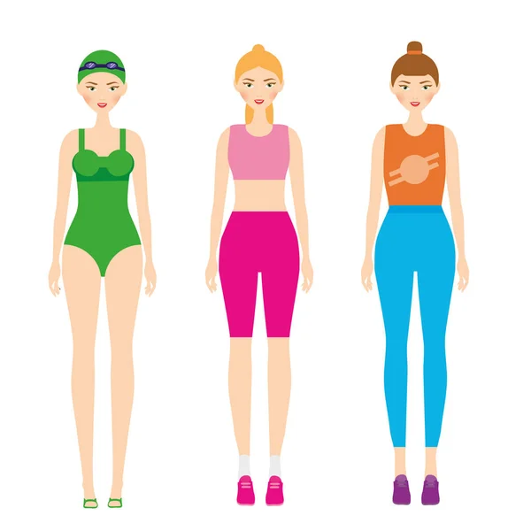Mujeres en ropa deportiva. Mujer en ropa de fitness. Chicas sonrientes en traje deportivo gimnasio — Vector de stock