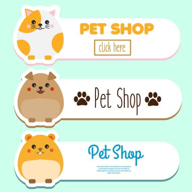 Evde beslenen hayvan dükkanı afiş ile şirin kawaii hayvan karakter: hamster, kedi, köpek. Evde beslenen hayvan stok reklam vektör toplama.