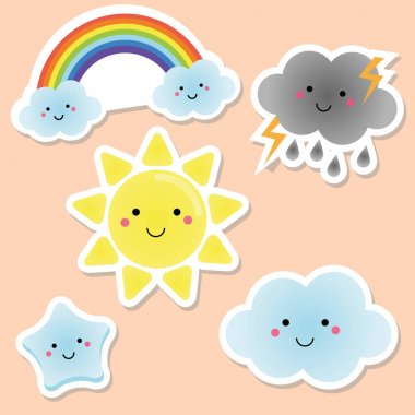 Şirin hava ve gökyüzü öğeleri. Kawaii güneş, gökkuşağı, bulutlar. Çocuklar, izole tasarım öğeleri için vektör çıkartmaları. Çocuk etiketleri