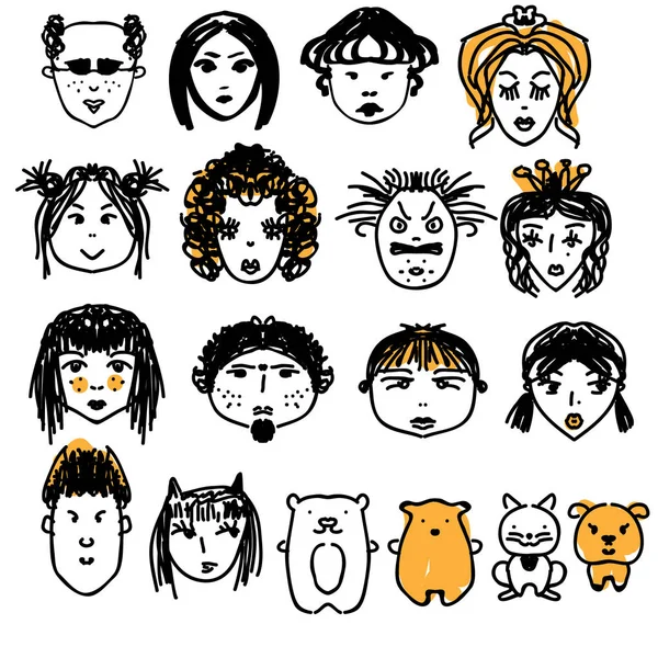Doodle emberek arcok. Kézzel rajzolt férfi és nő avatarok, aranyos állatok. Artisitic látványelemek — Stock Vector