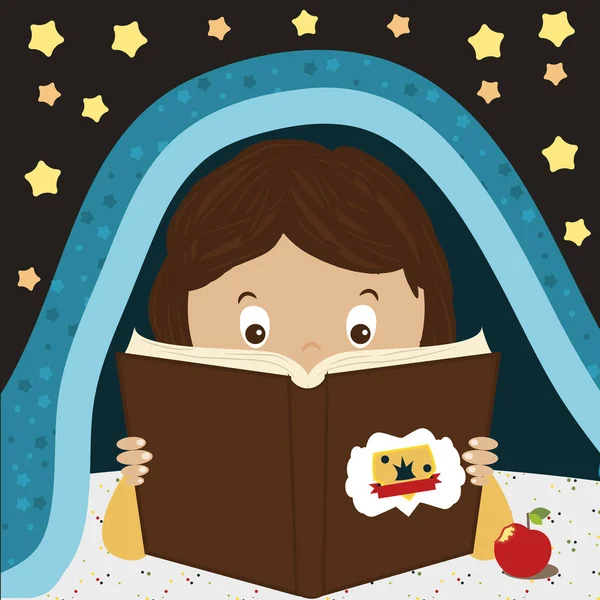Kinderlesebuch. Nachts lesen Kinder unter der Decke. Zeichentrickfigur Junge oder Mädchen. Bücherwurm — Stockvektor