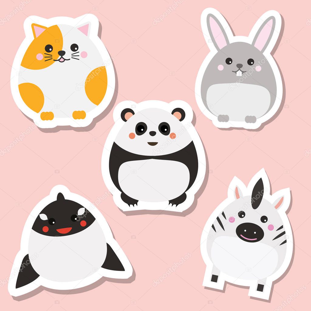 Cute kawaii animals stickers set. Vector illustration. Cat, panda, rabbit, whale