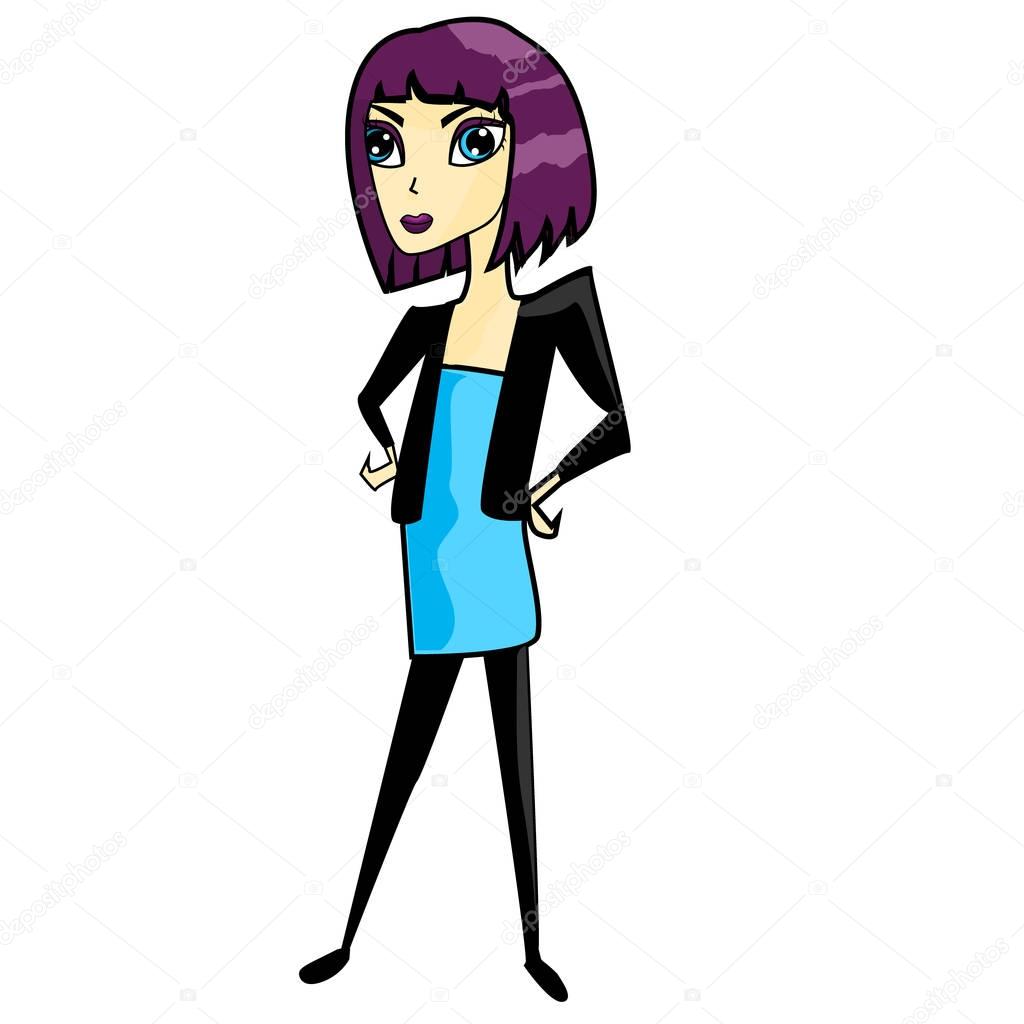Cartoon girl, beautiful young woman in black jacket and skinny jeans. Comic character