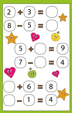 Çocuklar için matematik eğitici bir oyun. Sayma ve cebir öğrenme etkinliği çocuklar. Matematiksel denklemi tamamlamak