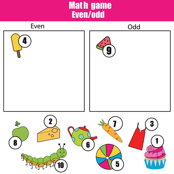 Math educational game for children. Learning even and odd numbers. Mathematics kids activity — Stock Vector