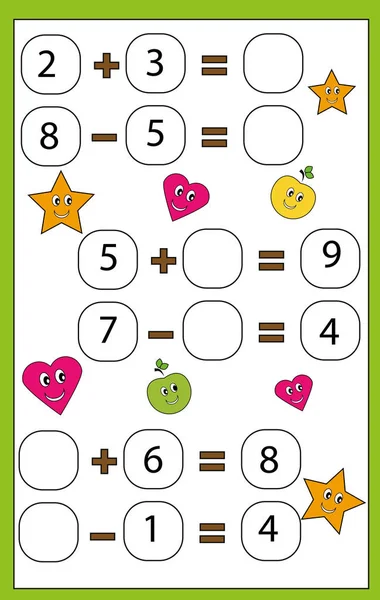 Mathematik-Lernspiel für Kinder. Lernen Zählen und Algebra Kinder Aktivität. komplettieren Sie die mathematische Gleichung — Stockvektor