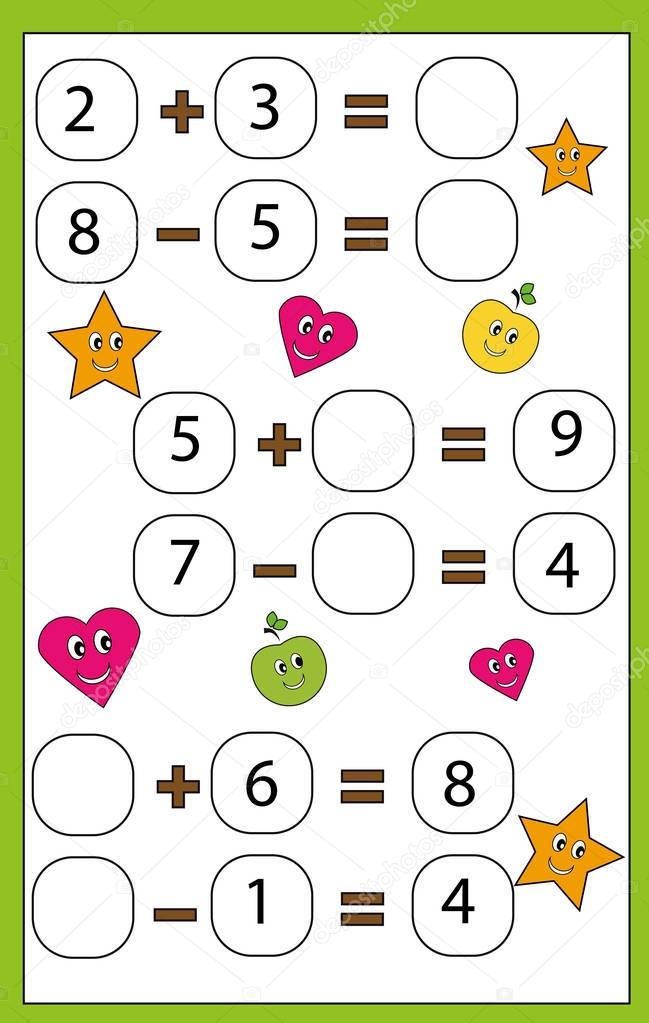 Math educational game for children. Learning counting and algebra kids activity. Complete the mathematical equation