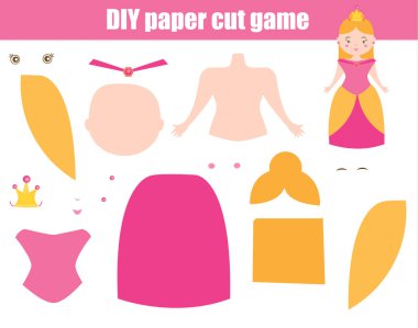 DIY çocuk eğitim yaratıcı oyunu. Bir prenses kız makas ve yapıştırıcı olun. Paprecut etkinlik. Çocuklar için yaratıcı yazdırılabilir eğitim