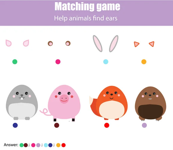 Juego educativo para niños que empareja. Ayuda a los animales a encontrar oídos. Actividad infantil — Vector de stock