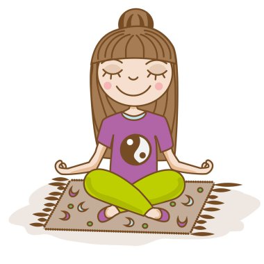 Yoga yaparken kız. Yarım lotus poz oturan kadın. El vektör çizim çekilmiş. Meditasyon, mutluluk, sakin