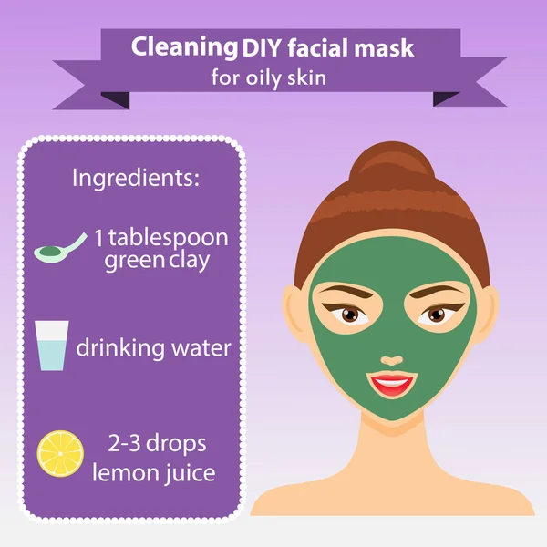 Young woman with facial mask vector illustration. Green clay mask recipe for oily skin — Stock Vector