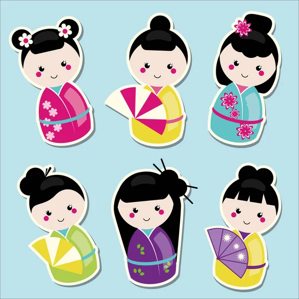 可爱的卡哇伊 kokeshi 娃娃贴纸集。传统的日本娃娃 — 图库矢量图片