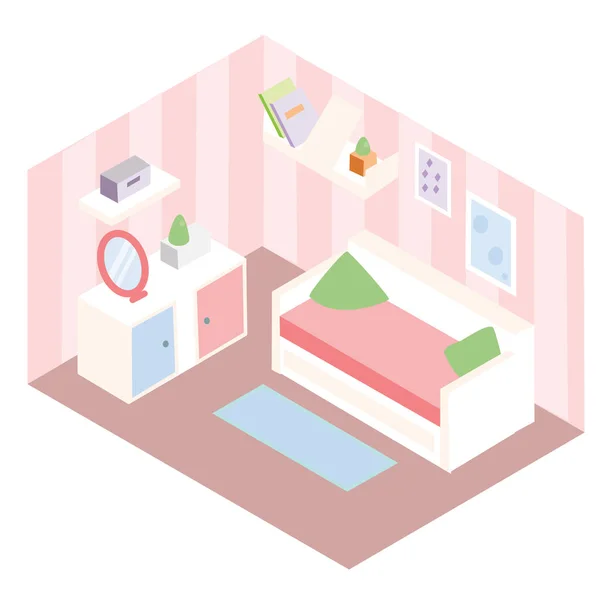 等尺性ルームのインテリア。ピンク色と白の家具でのアパート。ソファー、棚、鏡で女の子の寝室の設計。ベクトル図. — ストックベクタ