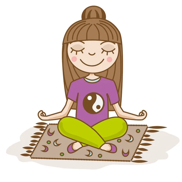 Rapariga a fazer ioga. Mulher sentada em meia postura de lótus. Ilustração vetorial desenhada à mão. Meditação, felicidade, calma —  Vetores de Stock